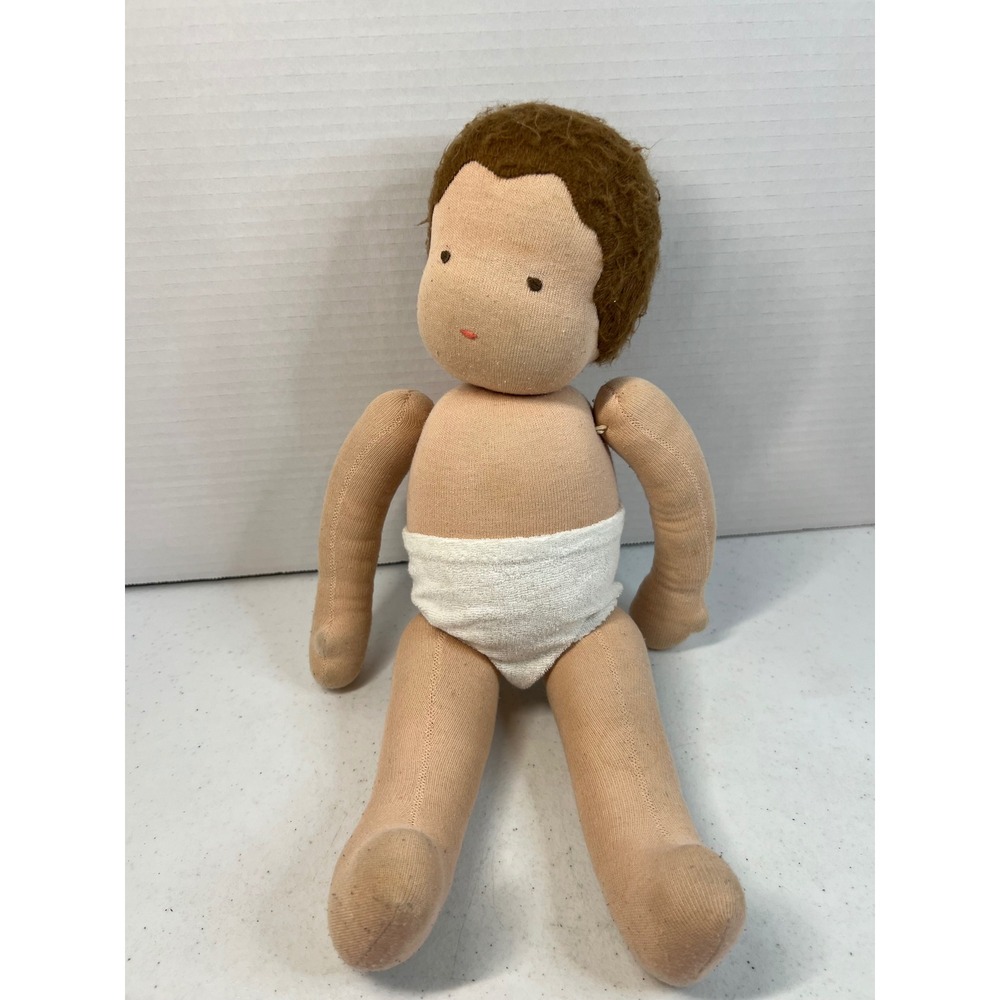 Handmade Waldorf Doll 14in Baby Cloth Soft Sculpted Wool Natural Toy Brown Hair